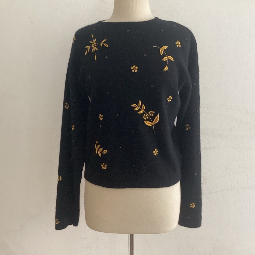 Vintage Liz Claiborne Black Angora Blend Pullover With Gold Floral Embroidery M